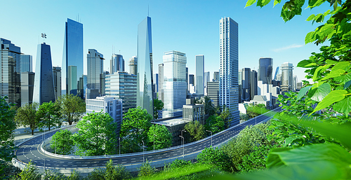 Virtual design green cityscape skyline with curvy highway road at beautiful daytime view. 3d rendering