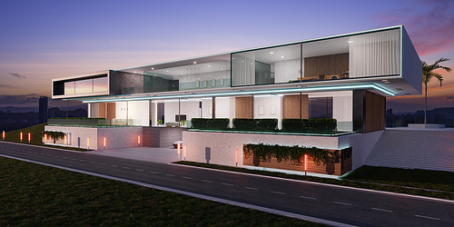 Beautiful modern luxury villa. NIght scene. 3d rendering