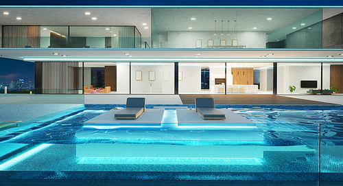 Modern villa with a swimming pool at night. 3D rendering