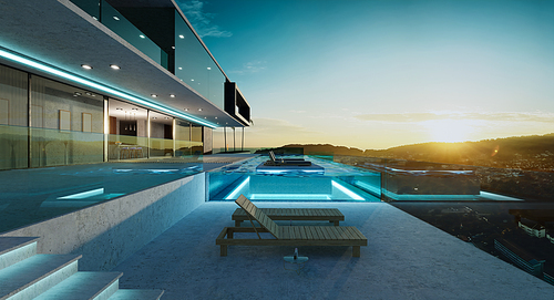 Luxury villa exterior design with beautiful sunset landscape at the infinity pool. 3d rendering