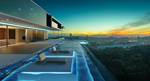 Luxury villa exterior design with beautiful sunrise landscape at the infinity pool. 3d rendering