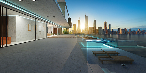 Luxury villa exterior design with beautiful sunset cityscape at the infinity pool. 3d rendering