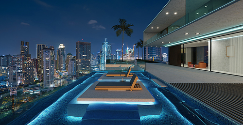 Luxury villa exterior design with beautiful night cityscape at the infinity pool. 3d rendering