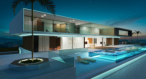 Luxury villa exterior design with beautiful infinity pool. NIght scene. 3d rendering