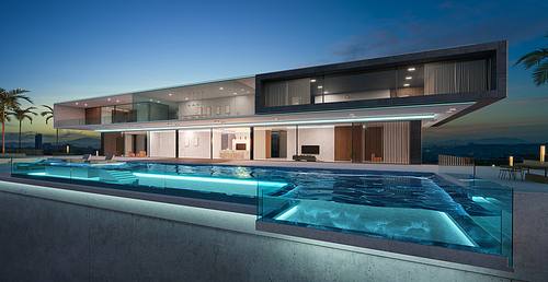 Luxury villa exterior design with beautiful infinity pool. NIght scene. 3d rendering