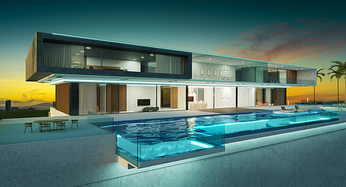 Luxury villa exterior design with beautiful infinity pool. Early morning scene. 3d rendering