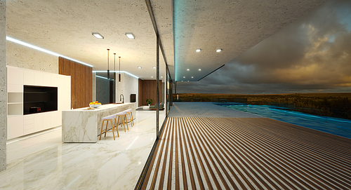 Modern house with beautiful evening lanfscape view and infinity pool. 3d rendering