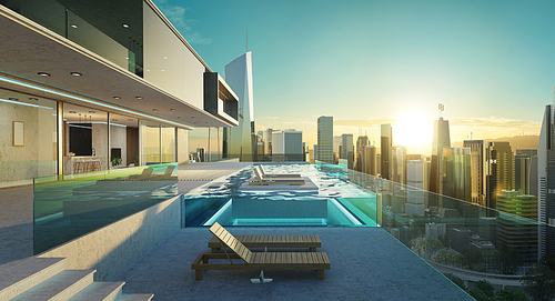 Luxury villa exterior design with modern cityscape at the infinity pool. 3d rendering
