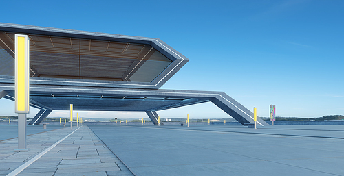 Perspective view of empty concrete floor and modern rooftop building. 3d rendering