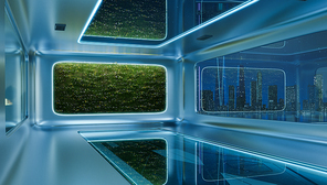 Modern futuristic interior office design with green wall plant. 3d rendering