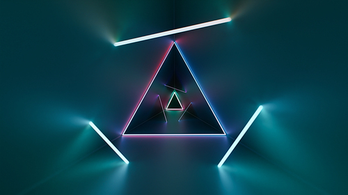 Abstract triangular shape background with glowing colorful triangular laser rays neon. 3d rendering