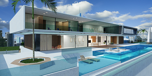 Luxury villa exterior design with modern cityscape at the infinity pool. 3d rendering