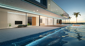 Luxury villa exterior design with beautiful swimming pool . NIght scene. 3d rendering