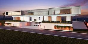 Beautiful modern luxury villa. NIght scene. 3d rendering