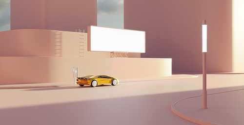 3d rendering of minimalist street background with blank billboard and non-existent brand-less generic concept sport car