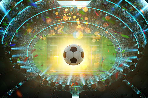 Aerial top angle view of imaginary soccer stadium with illumination . 3D rendering .