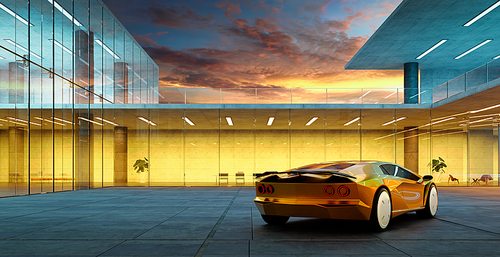 Electric sports car parked in the center of modern glass facade walls building. Realistic 3d rendering