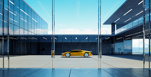 Electric sports car parked in the center of modern glass facade walls building. Realistic 3d rendering