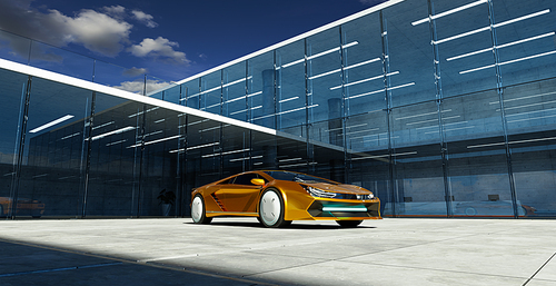 Electric sports car parked in the center of modern glass facade walls building. Realistic 3d rendering