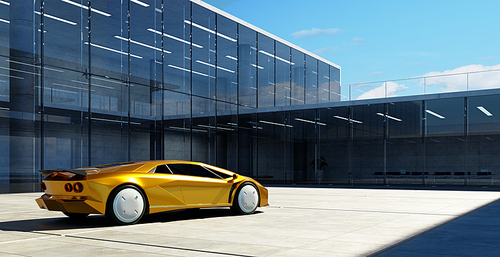 Electric sports car parked in the center of modern glass facade walls building. Realistic 3d rendering