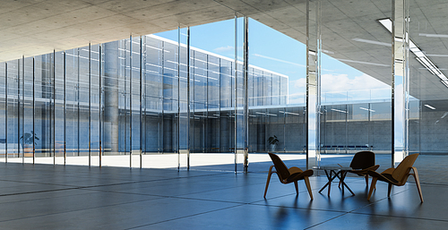 Modern glass wall commercial buildings guest waiting area. Realistic 3d rendering