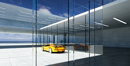 Electric sports car parked in the center of modern glass facade walls building. Realistic 3d rendering