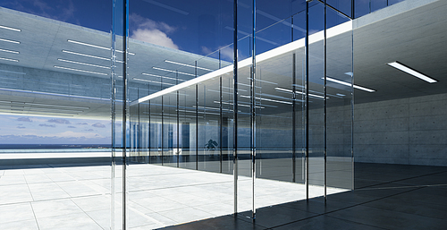 Modern glass wall commercial buildings. Realistic 3d rendering