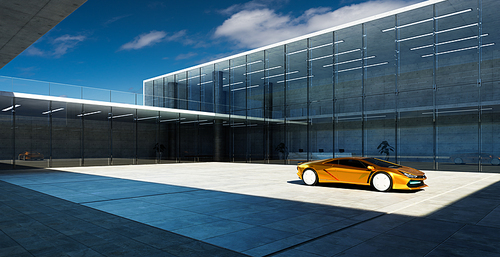 Electric sports car parked in the center of modern glass facade walls building. Realistic 3d rendering