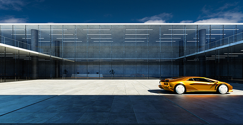 Electric sports car parked in the center of modern glass facade walls building. Realistic 3d rendering