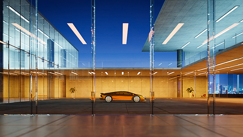 Electric sports car parked in the center of modern glass facade walls building. Realistic 3d rendering