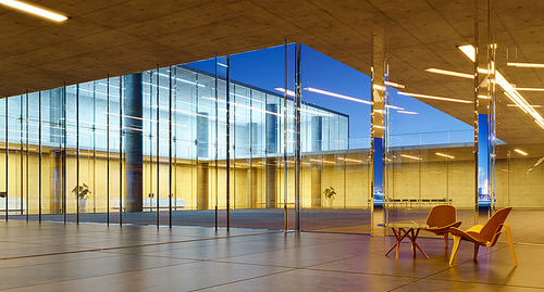 Modern glass wall commercial buildings guest waiting area. Realistic 3d rendering