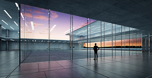 Rear view of successful businessman looking the sky from his office ,early morning scene. Realistic 3d rendering