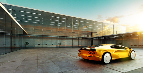 Electric sports car parked in the center of modern glass facade walls building. Realistic 3d rendering