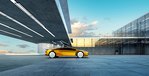 Electric sports car parked in the center of modern glass facade walls building. Realistic 3d rendering