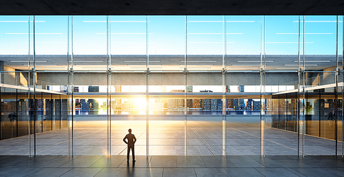 Rear view of successful businessman looking the city from his office ,sunrise scene. Realistic 3d rendering