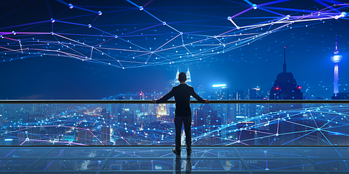 Businessman standing at rooftop with Smart night city view. Business success with smart big data technology concept