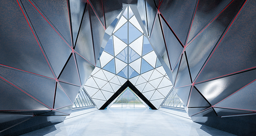 Abstract triangle shape design modern Architecture building interior with glass, concrete and steel element. 3D rendering.