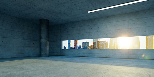 Cement and concrete building with sunrise cityscape window view. 3d rendering