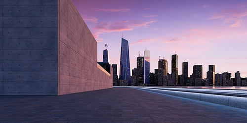Perspective view of empty floor with concrete modern building and beautiful sunrise cityscape. Photorealistic 3D rendering.