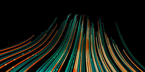 Wave lines trails flowing dynamic in green and orange colors isolated on black background. AI technology, science, digital and communication concept. 3d rendering