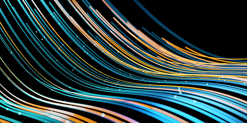 Wave lines trails flowing dynamic in blue and yellow colors isolated on black background. AI technology, science, digital and communication concept. 3d rendering