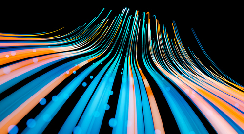 Wave lines trails flowing dynamic in blue and orange colors isolated on black background. AI technology, science, digital and communication concept. 3d rendering