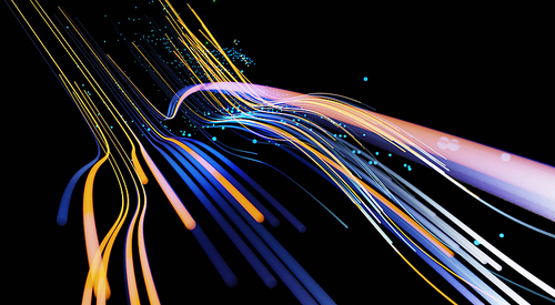 Wave lines trails flowing dynamic in blue and orange colors isolated on black background. AI technology, science, digital and communication concept. 3d rendering