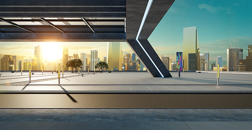 Perspective view of empty street and modern rooftop building with sunset cityscape scene. 3d rendering