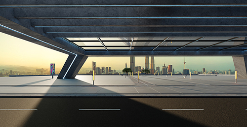 Perspective view of empty street and modern rooftop building with sunset cityscape scene. 3d rendering