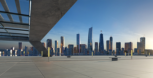 Perspective view of empty floor and modern rooftop building with sunset cityscape scene. 3d rendering