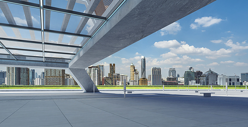 Perspective view of empty floor and modern rooftop building with cityscape scene. 3d rendering