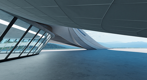 Empty Floor with modern  futuristic streamlined design building exterior. Photorealistic 3d rendering