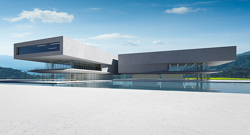Modern architecture with a pool, concrete and glass facade, minimalist style design, blue skies, 3D rendering