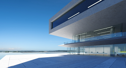 Modern architecture with a pool, concrete and glass facade, minimalist style design, blue skies, 3D rendering